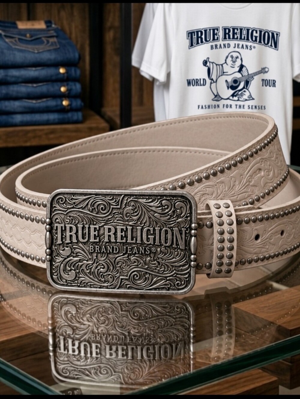MENS TRUE RELIGION NWT Western Plaque Buckle Belt MENS L/XL Fits Waist 38" - 40"